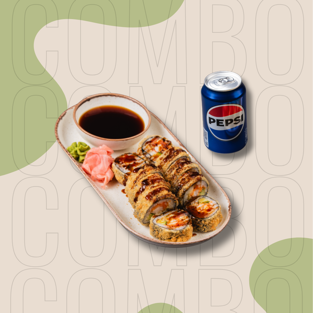 Ebi Tempura Kabajaki (karštas, 10 vnt.) + „Pepsi“ gėrimas (0.33 l) | 1 asm.