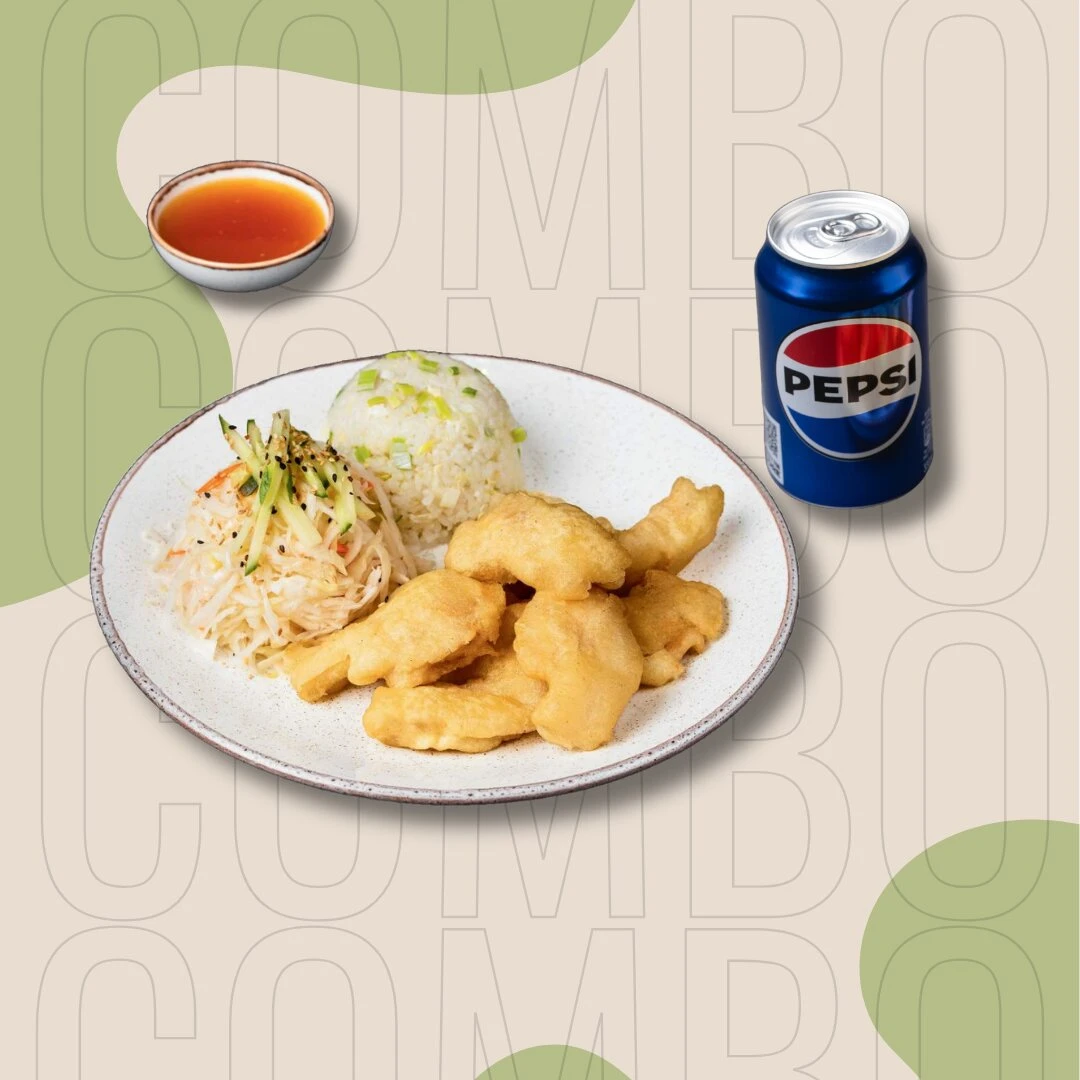 Traški vištiena „Gua Bao“ + kepti ryžiai + salotos + „Pepsi“ (0,33 l) | 1 asm.