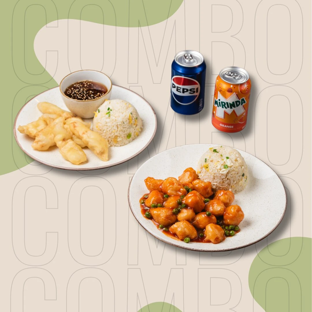 Vištienos vyšnaitės + „Gua Bao“ traški vištiena + 2 porc. keptų ryžių + „Pepsi“ (0,33 l) + „Mirinda“ (0,33 l) | 2 asm.